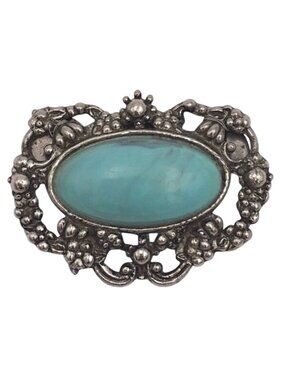 Edwardian Style Brooch Ornate Setting Turquoise Color Cabochon 2' x 1.5"